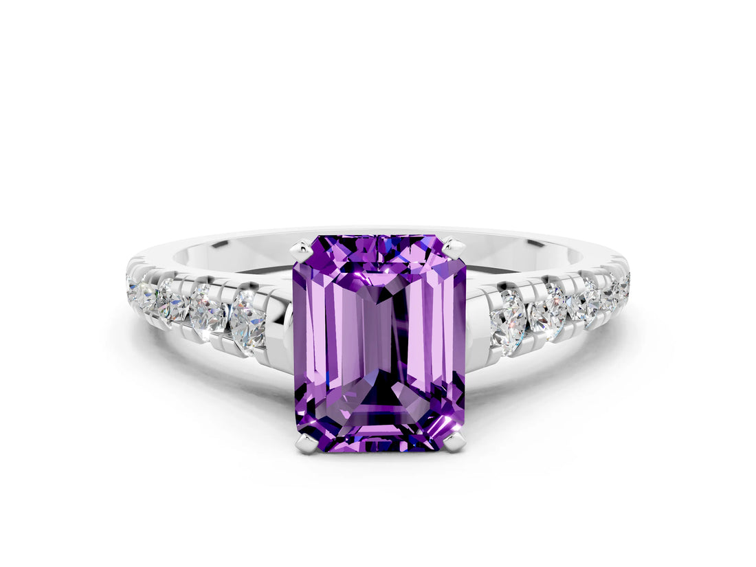 White gold Emerald Cut Amethyst Solitaire Ring with Cathedral Setting and Pavé Band
