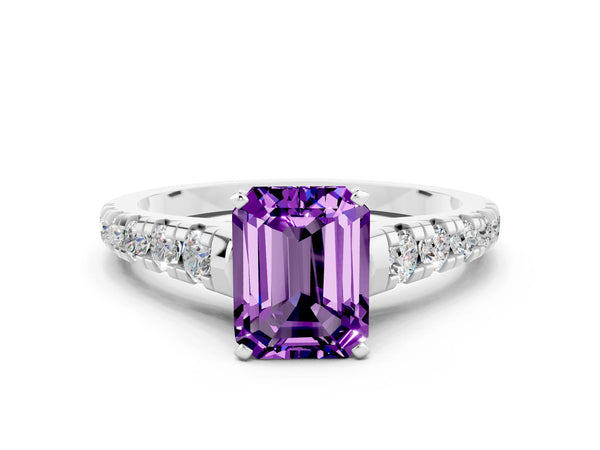 Silver Emerald Cut Amethyst Cathedral Solitaire Ring with Round  Pavé Band