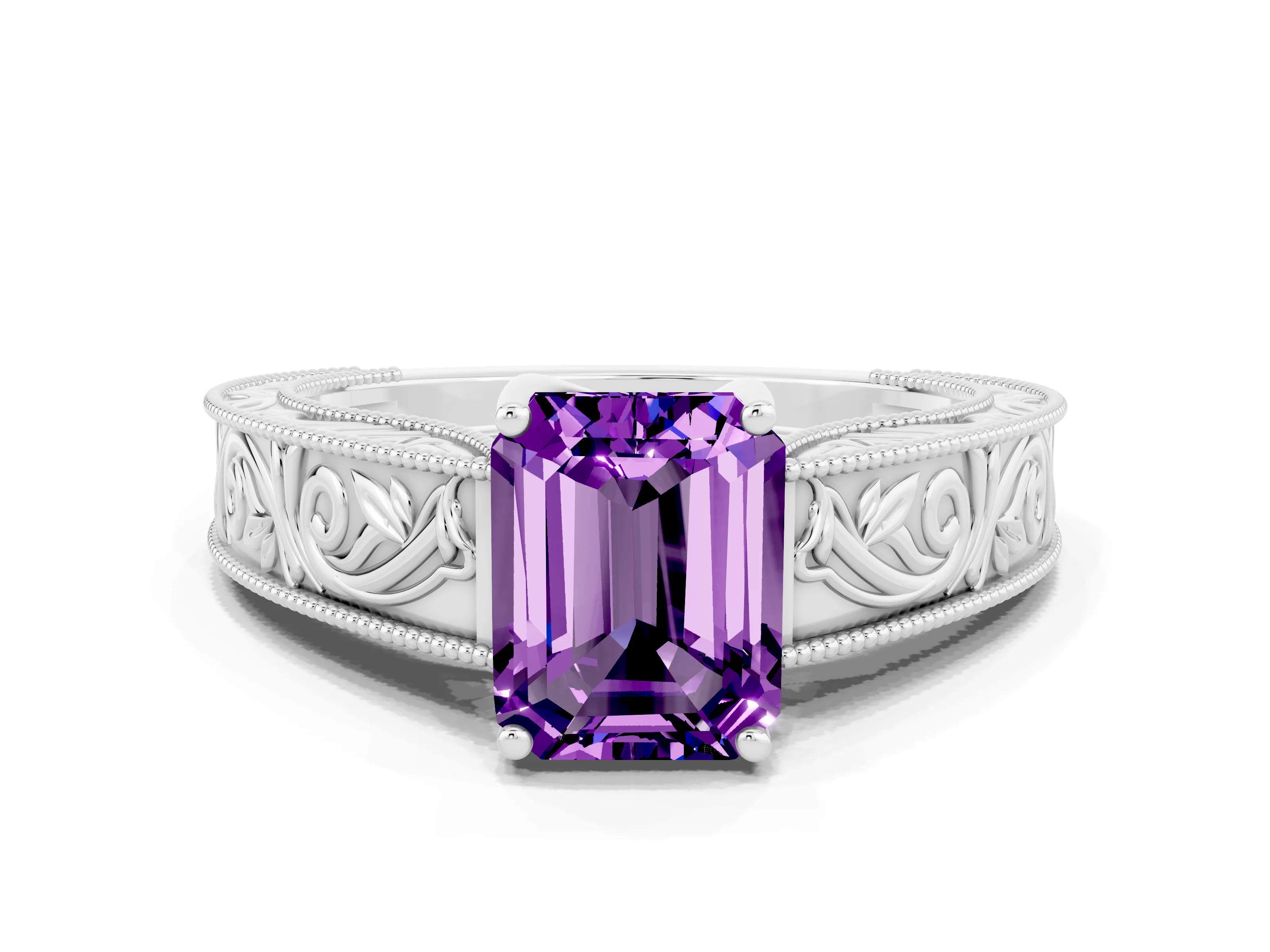 White gold Emerald Cut Amethyst Solitaire Ring with Engraved Band and Four-Prong Setting