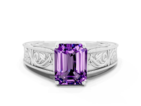 Platinum Emerald Cut Amethyst Solitaire Ring with Engraved Band and Four-Prong Setting