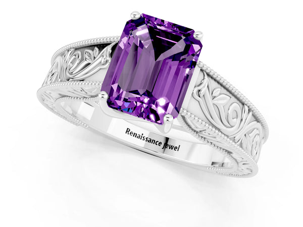 Platinum Emerald Cut Amethyst Solitaire Ring with Engraved Band and Four-Prong Setting