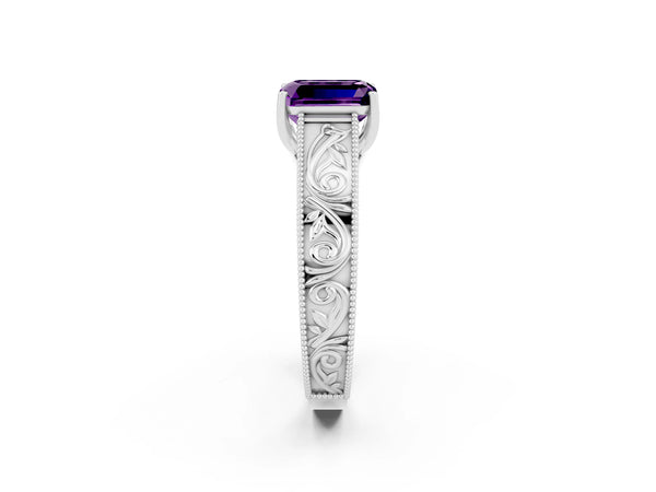 Silver Emerald Cut Amethyst Solitaire Ring with Engraved Band and Four-Prong Setting