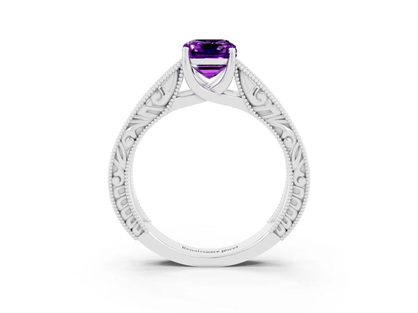 Platinum Emerald Cut Amethyst Solitaire Ring with Engraved Band and Four-Prong Setting