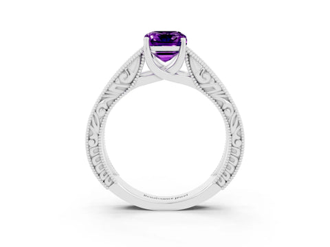 White gold Emerald Cut Amethyst Solitaire Ring with Engraved Band and Four-Prong Setting_3