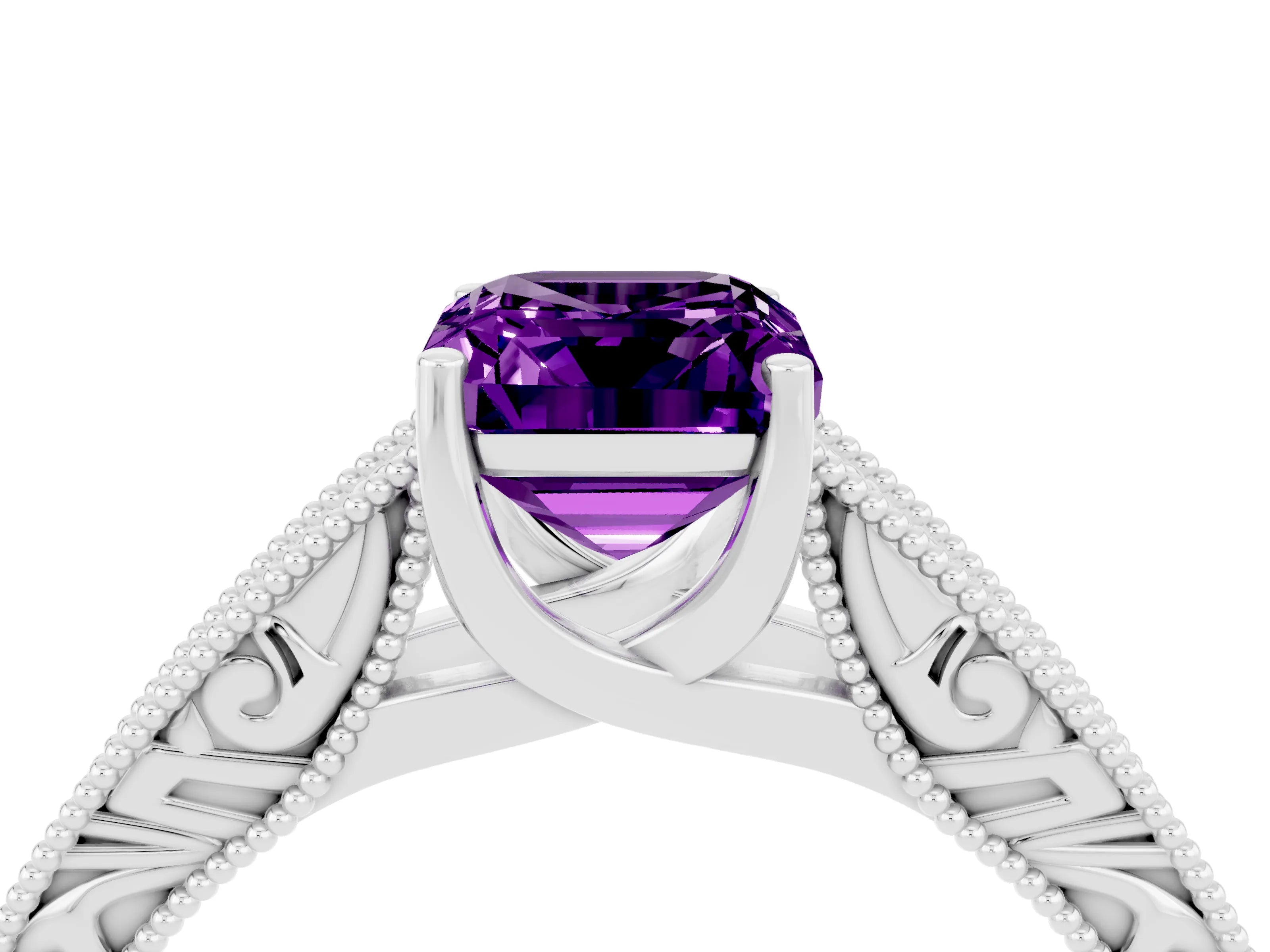 White gold Emerald Cut Amethyst Solitaire Ring with Engraved Band and Four-Prong Setting_4
