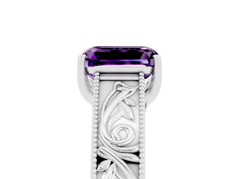 White gold Emerald Cut Amethyst Solitaire Ring with Engraved Band and Four-Prong Setting_5