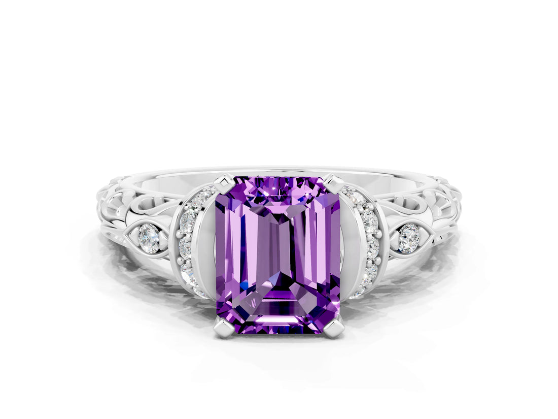 White gold Emerald Cut Amethyst Solitaire Ring with Filigree Band and Four-Prong Setting_24