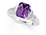 White gold Emerald Cut Amethyst Solitaire Ring with Filigree Band and Four-Prong Setting_25