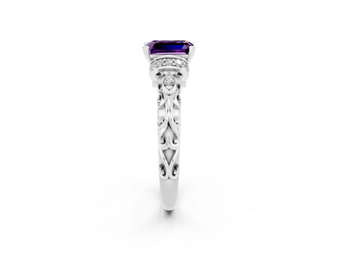 White gold Emerald Cut Amethyst Solitaire Ring with Filigree Band and Four-Prong Setting_26