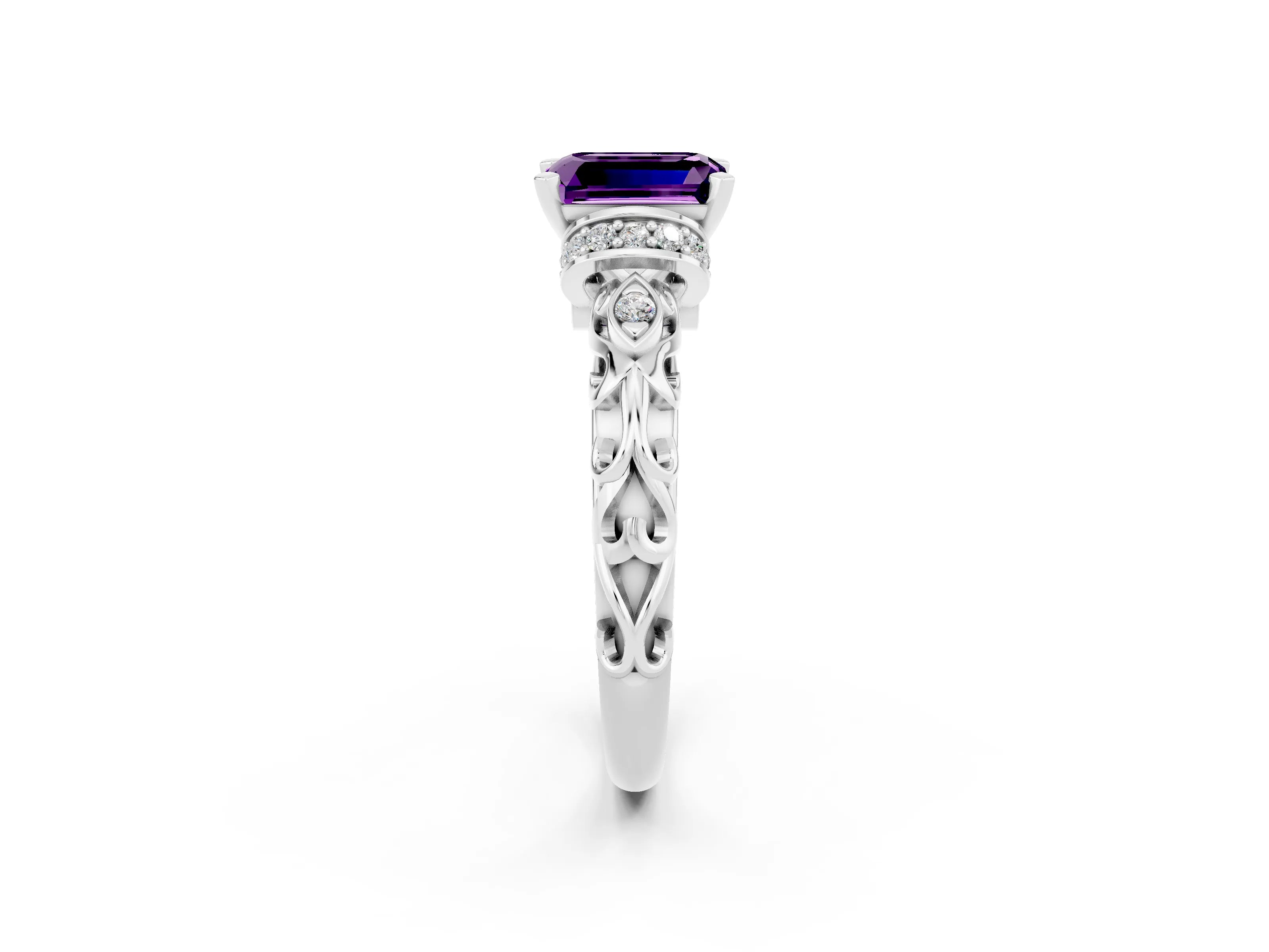White gold Emerald Cut Amethyst Solitaire Ring with Filigree Band and Four-Prong Setting_26