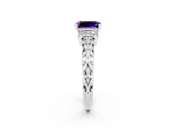 White gold Emerald Cut Amethyst Solitaire Ring with Filigree Band and Four-Prong Setting