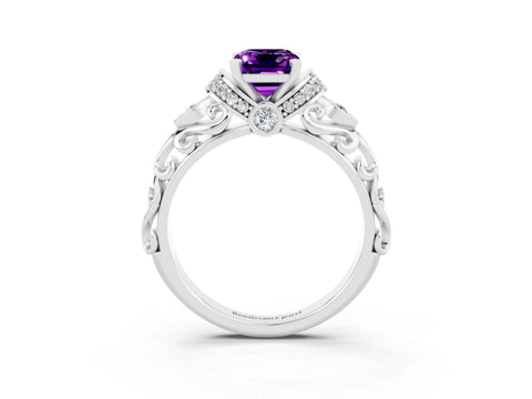 White gold Emerald Cut Amethyst Solitaire Ring with Filigree Band and Four-Prong Setting_27
