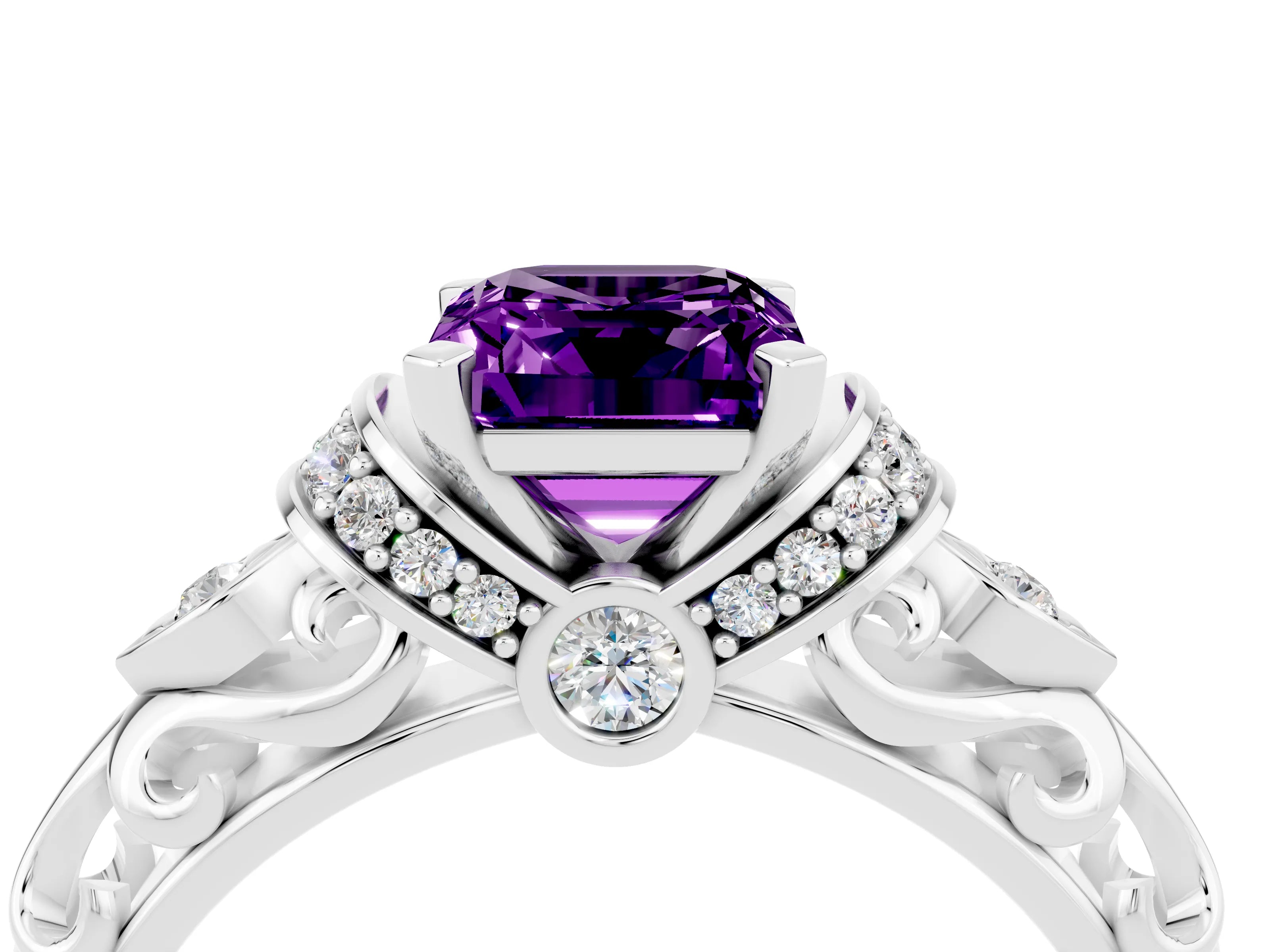 White gold Emerald Cut Amethyst Solitaire Ring with Filigree Band and Four-Prong Setting_28