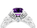 White gold Emerald Cut Amethyst Solitaire Ring with Filigree Band and Four-Prong Setting_28