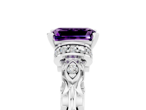 White gold Emerald Cut Amethyst Solitaire Ring with Filigree Band and Four-Prong Setting_29