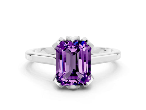 White gold Emerald Cut Amethyst Solitaire Ring with Flower Prong Setting and Classic Band_12