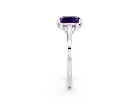 White gold Emerald Cut Amethyst Solitaire Ring with Flower Prong Setting and Classic Band_14