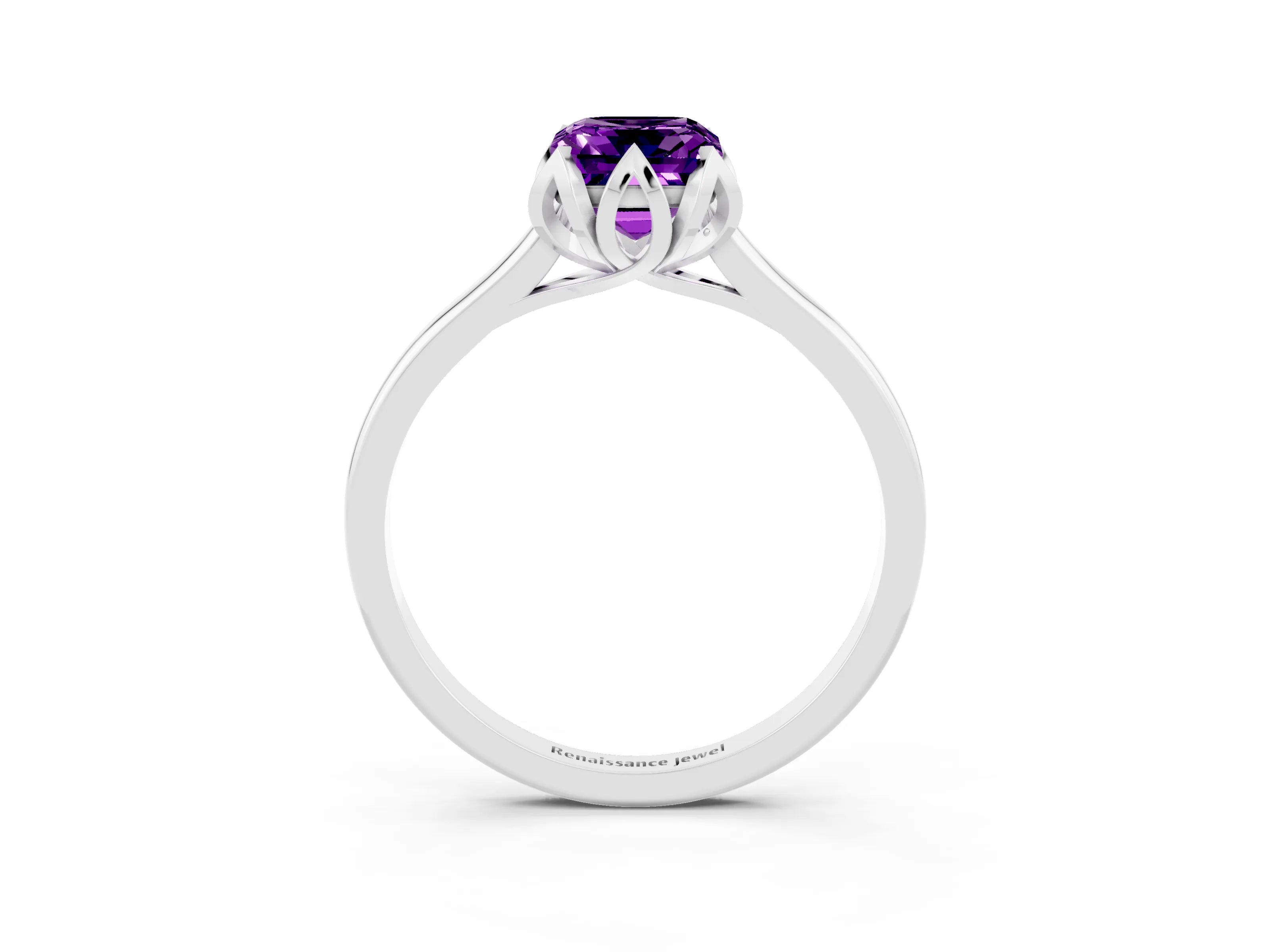 White gold Emerald Cut Amethyst Solitaire Ring with Flower Prong Setting and Classic Band_15
