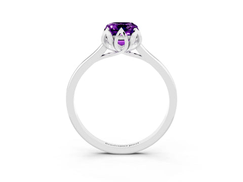 White gold Emerald Cut Amethyst Solitaire Ring with Flower Prong Setting and Classic Band_15