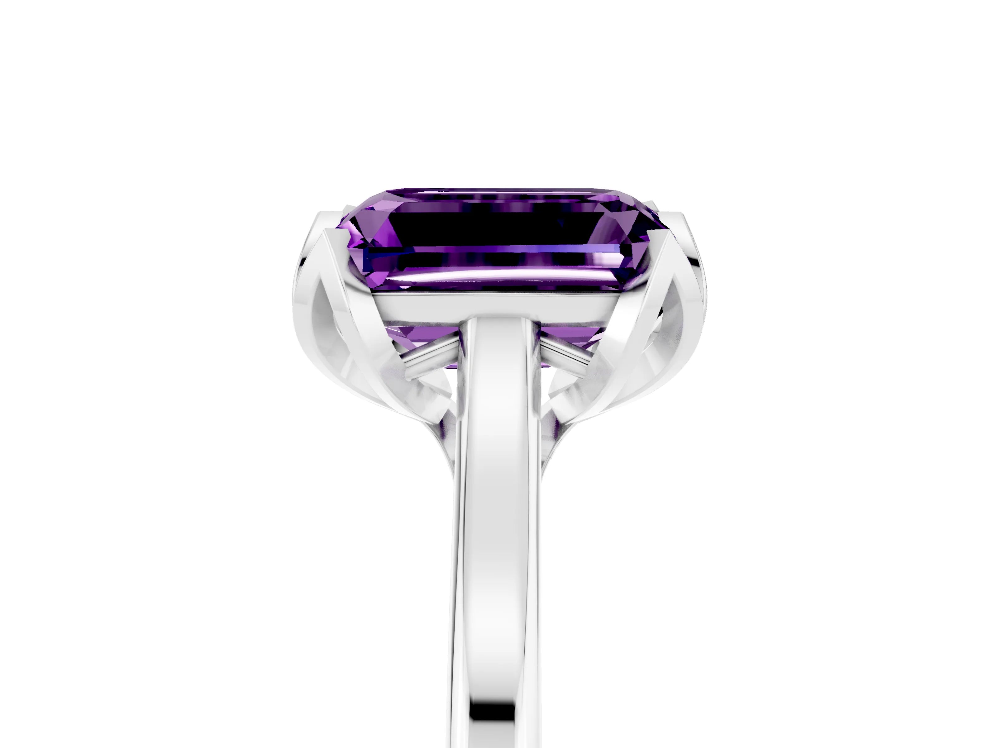White gold Emerald Cut Amethyst Solitaire Ring with Flower Prong Setting and Classic Band_17