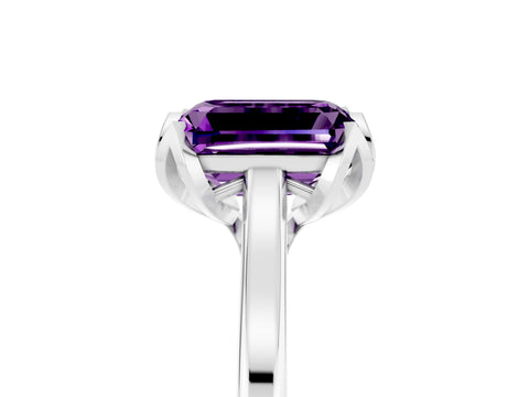 White gold Emerald Cut Amethyst Solitaire Ring with Flower Prong Setting and Classic Band_17