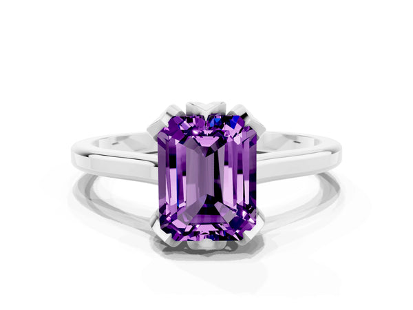White gold Emerald Cut Amethyst Solitaire Ring with Flower Prong Setting and Classic Band