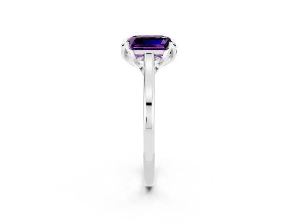 White gold Emerald Cut Amethyst Solitaire Ring with Flower Prong Setting and Classic Band