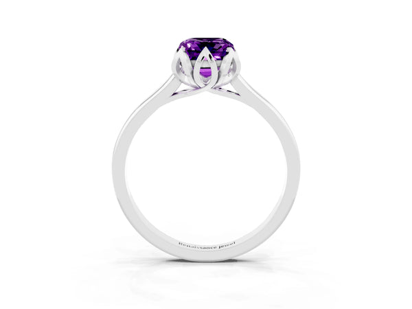 White gold Emerald Cut Amethyst Solitaire Ring with Flower Prong Setting and Classic Band