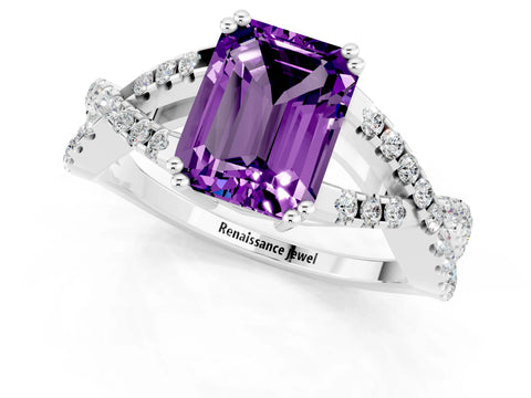 White gold Emerald Cut Amethyst Solitaire Ring with Four-Prong Setting and Twisted Pavé Band_1