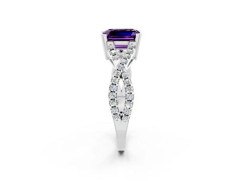 White gold Emerald Cut Amethyst Solitaire Ring with Four-Prong Setting and Twisted Pavé Band_2