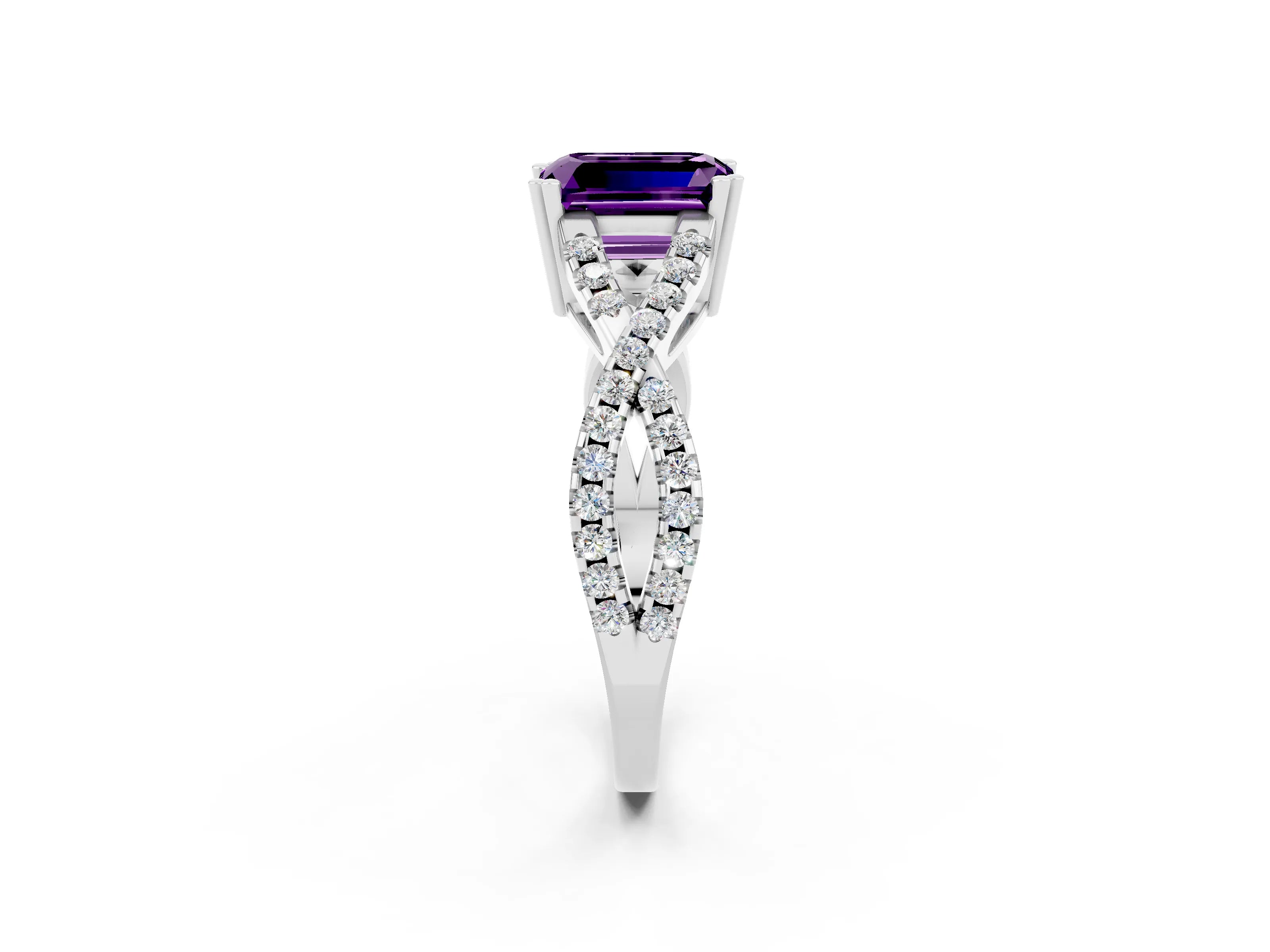 White gold Emerald Cut Amethyst Solitaire Ring with Four-Prong Setting and Twisted Pavé Band_2
