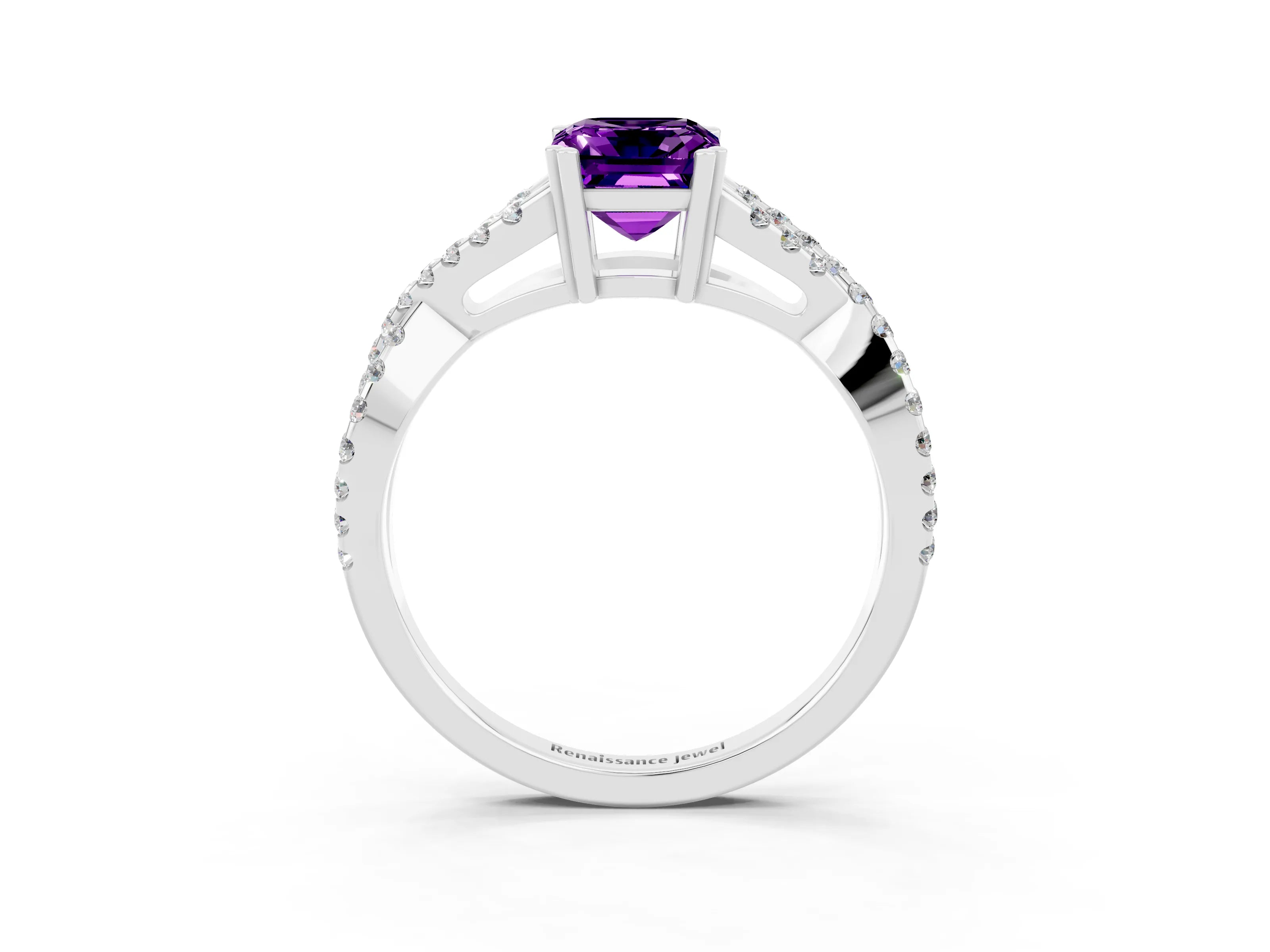 White gold Emerald Cut Amethyst Solitaire Ring with Four-Prong Setting and Twisted Pavé Band_3