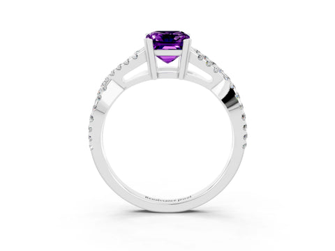 White gold Emerald Cut Amethyst Solitaire Ring with Four-Prong Setting and Twisted Pavé Band_3