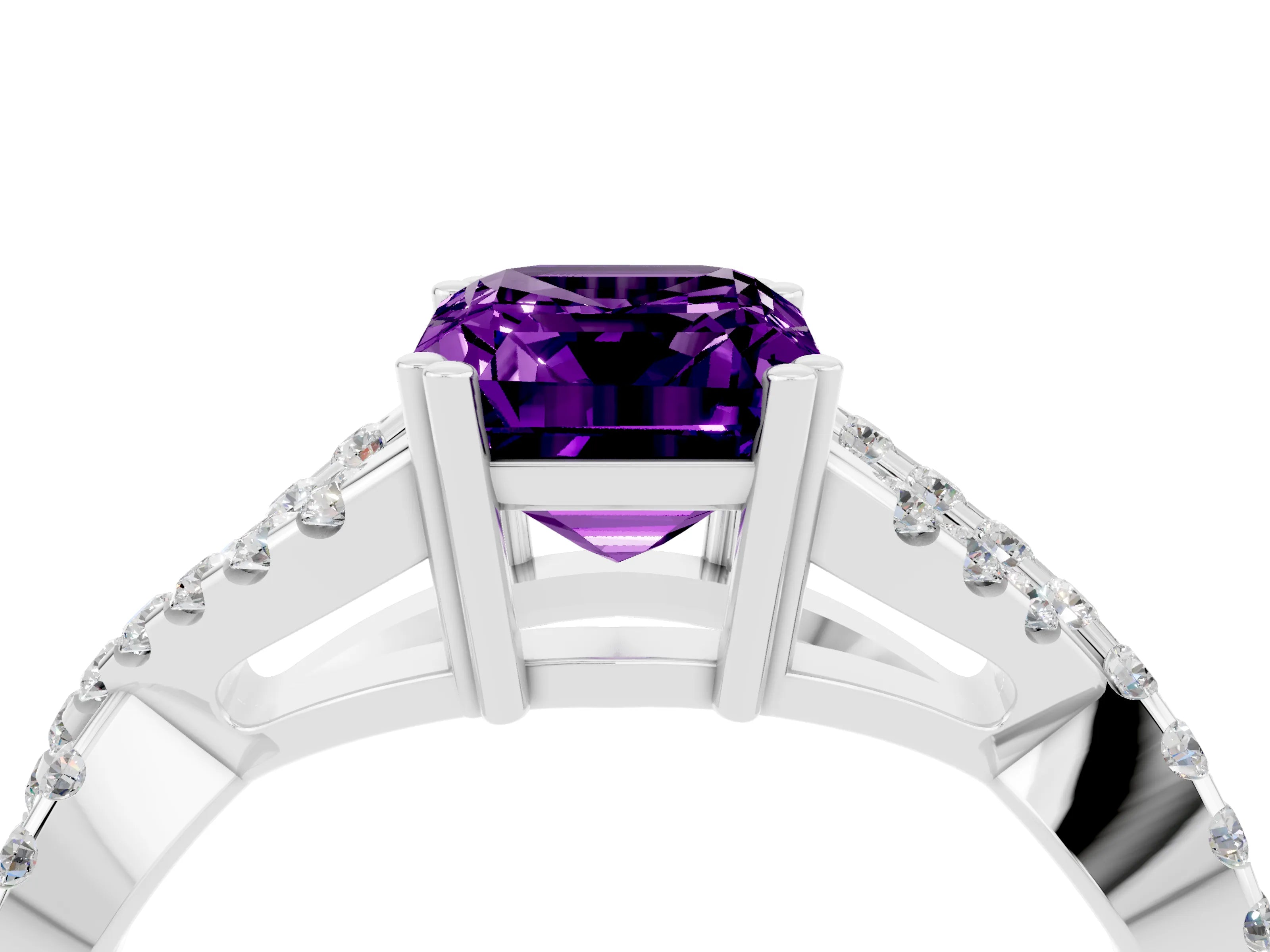 White gold Emerald Cut Amethyst Solitaire Ring with Four-Prong Setting and Twisted Pavé Band_4