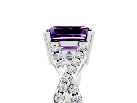 White gold Emerald Cut Amethyst Solitaire Ring with Four-Prong Setting and Twisted Pavé Band_5