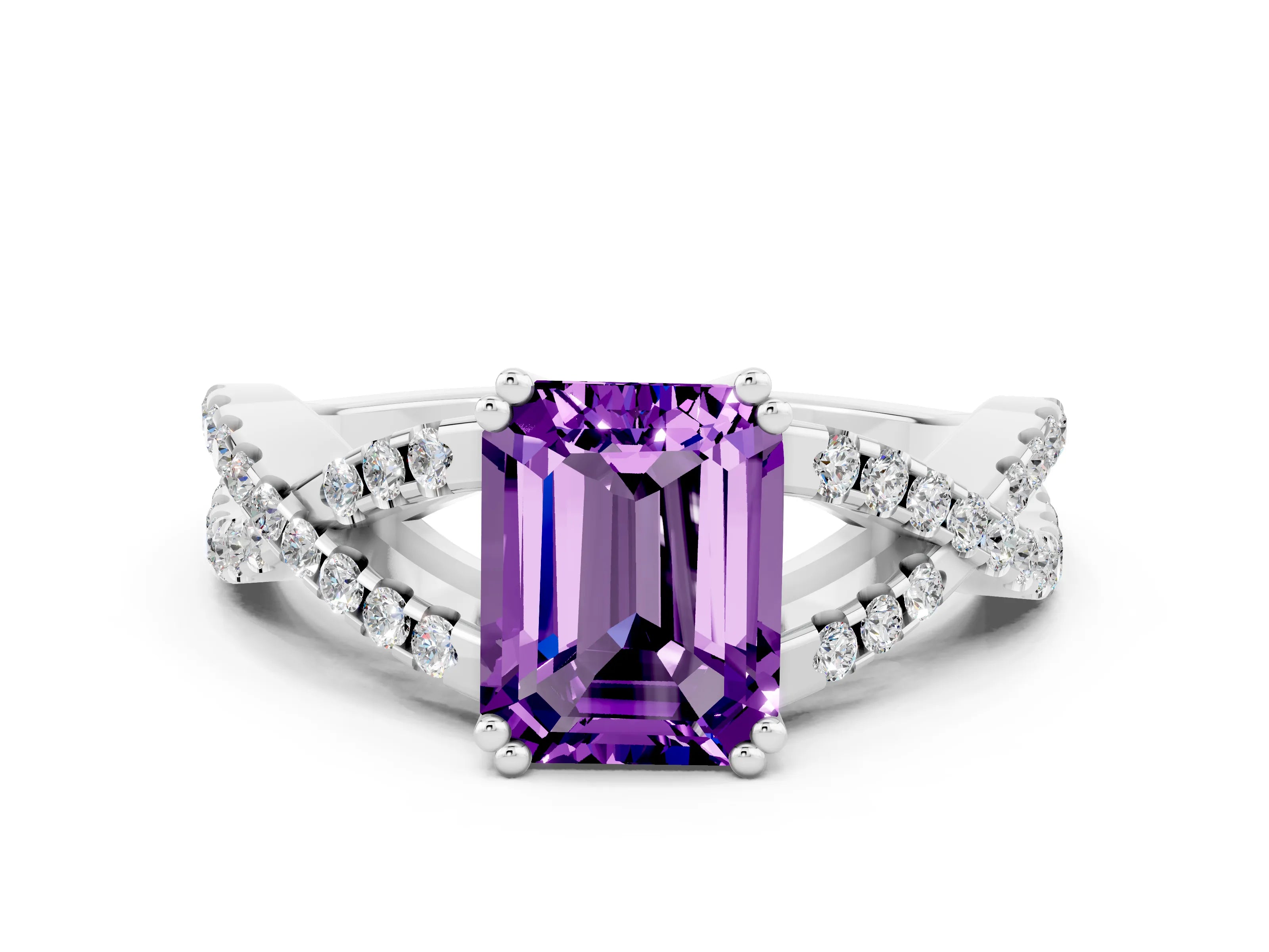 White gold Emerald Cut Amethyst Solitaire Ring with Four-Prong Setting and Twisted Pavé Band