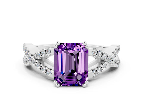 White gold Emerald Cut Amethyst Solitaire Ring with Four-Prong Setting and Twisted Pavé Band
