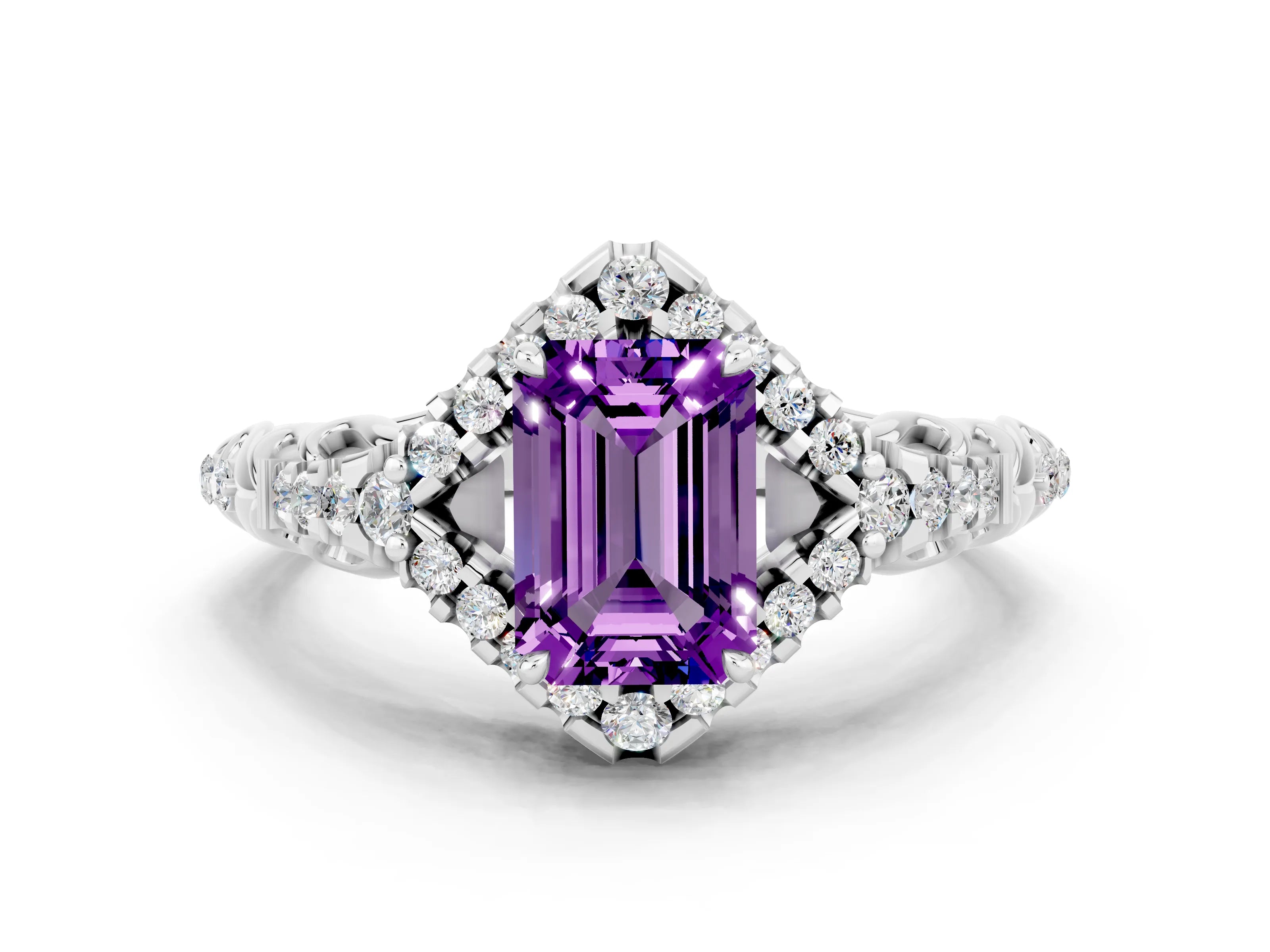 White gold Emerald Cut Amethyst Solitaire Ring with Hidden Halo and Pavé Band_12