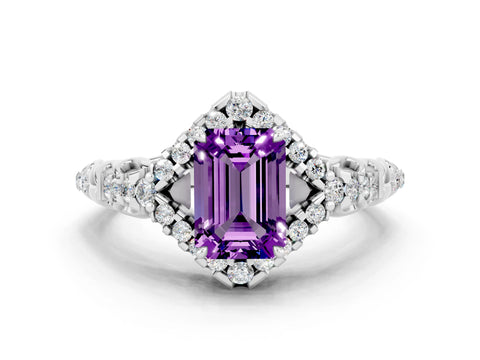 White gold Emerald Cut Amethyst Solitaire Ring with Hidden Halo and Pavé Band_12