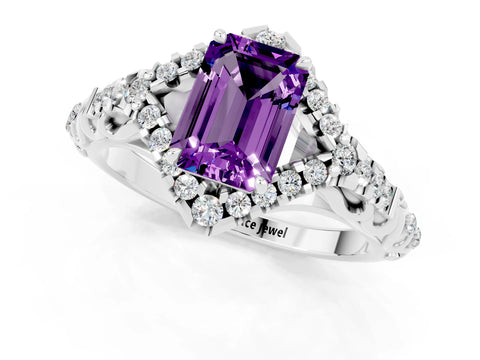 White gold Emerald Cut Amethyst Solitaire Ring with Hidden Halo and Pavé Band_13