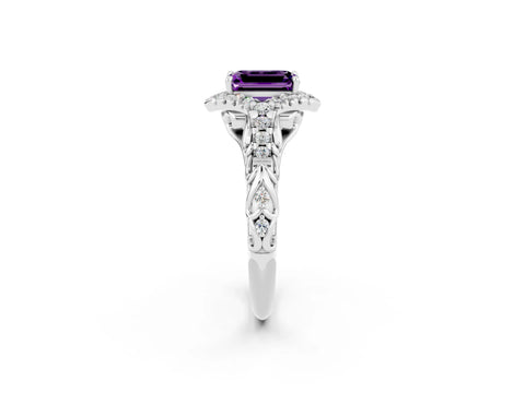 White gold Emerald Cut Amethyst Solitaire Ring with Hidden Halo and Pavé Band_14