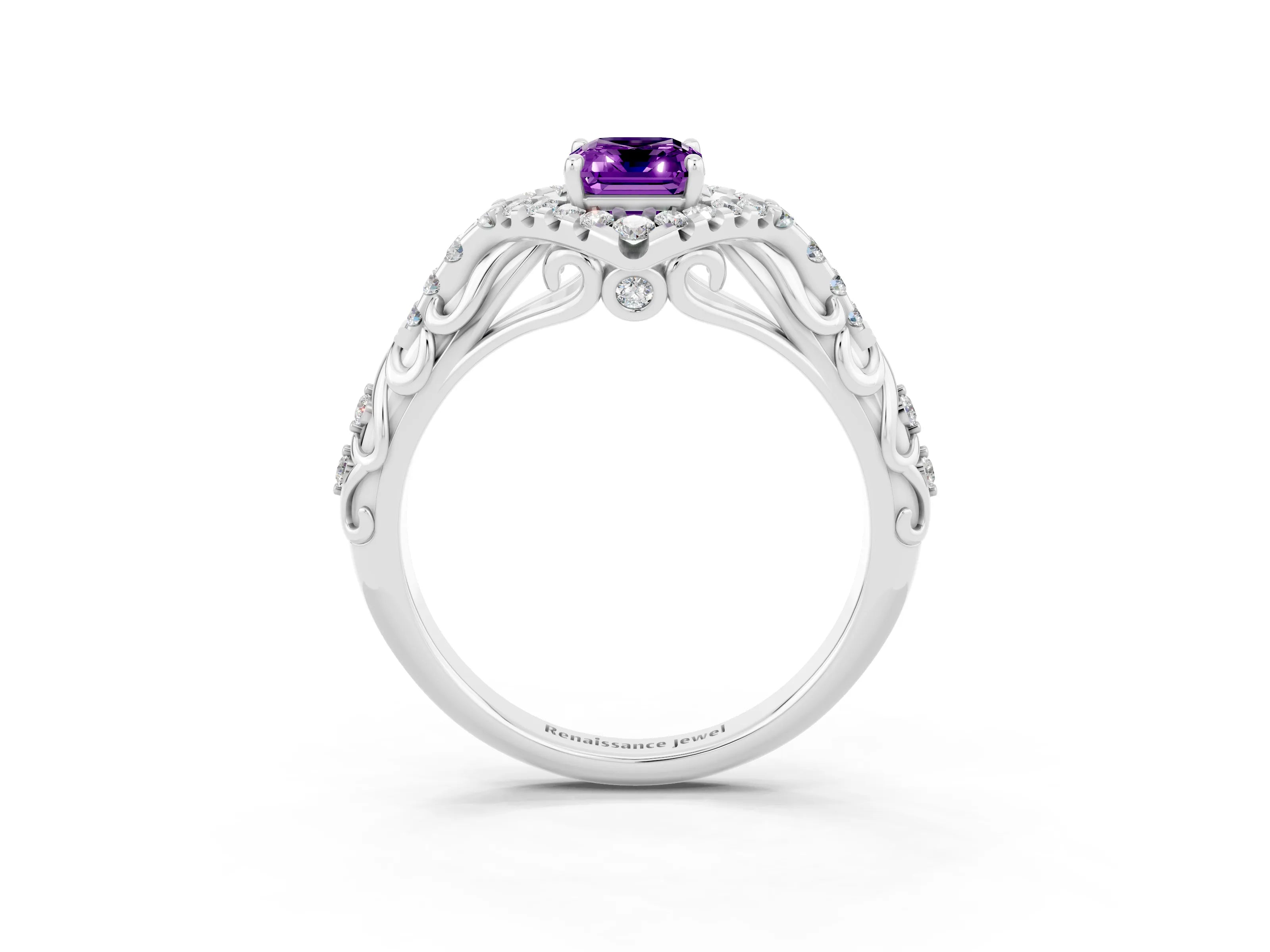 White gold Emerald Cut Amethyst Solitaire Ring with Hidden Halo and Pavé Band_15