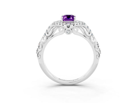 White gold Emerald Cut Amethyst Solitaire Ring with Hidden Halo and Pavé Band_15
