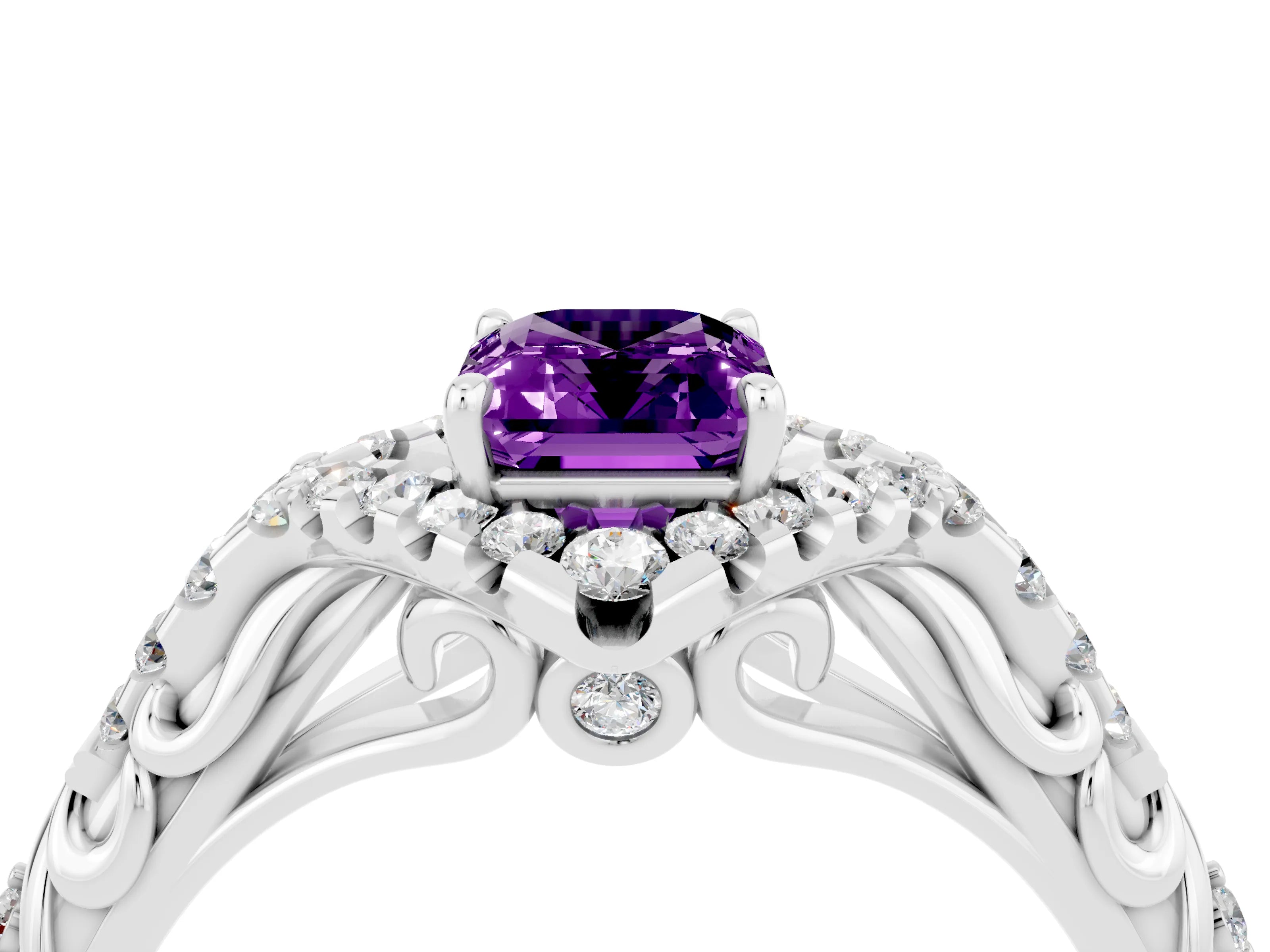 White gold Emerald Cut Amethyst Solitaire Ring with Hidden Halo and Pavé Band_16