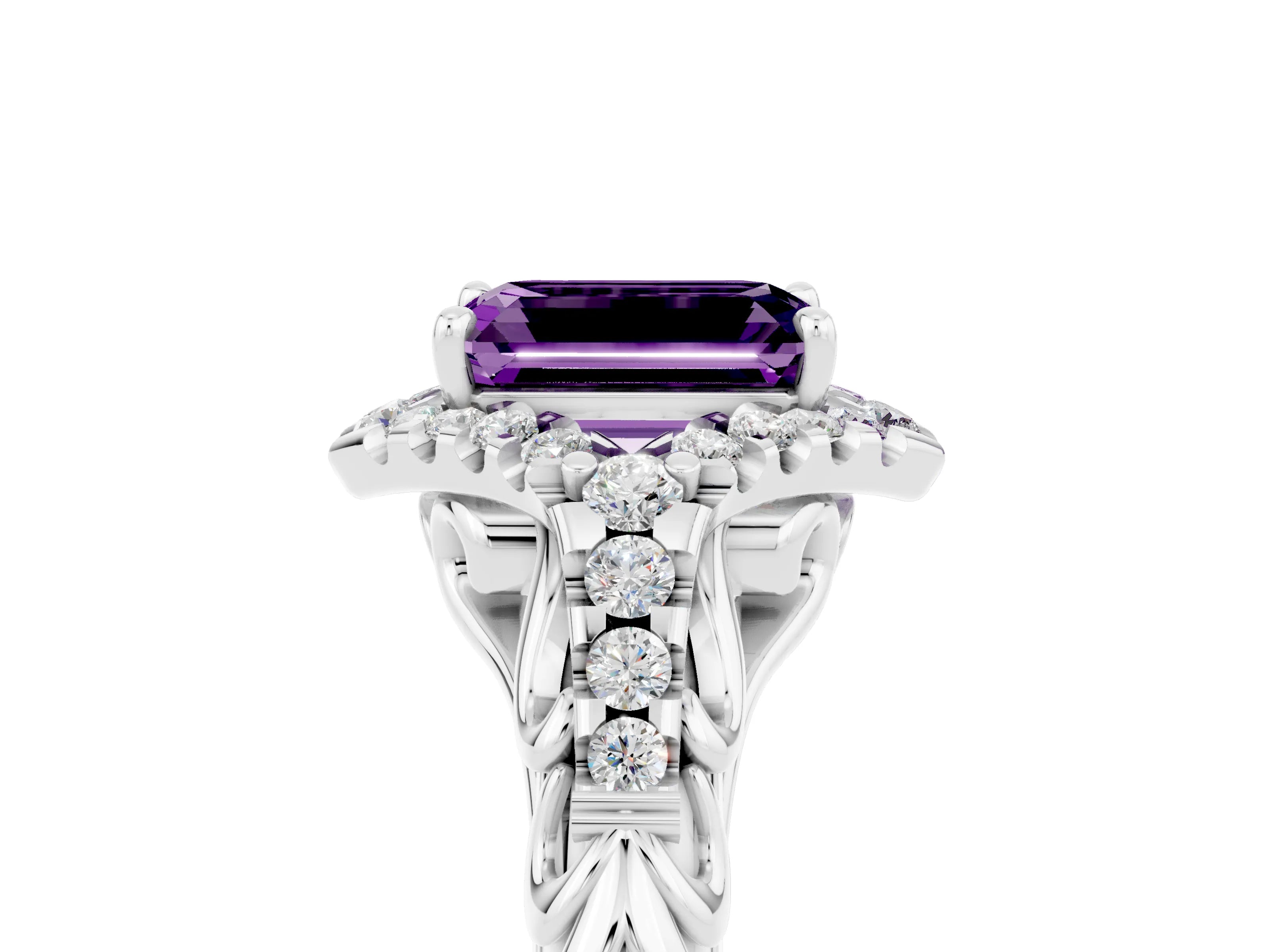 White gold Emerald Cut Amethyst Solitaire Ring with Hidden Halo and Pavé Band_17