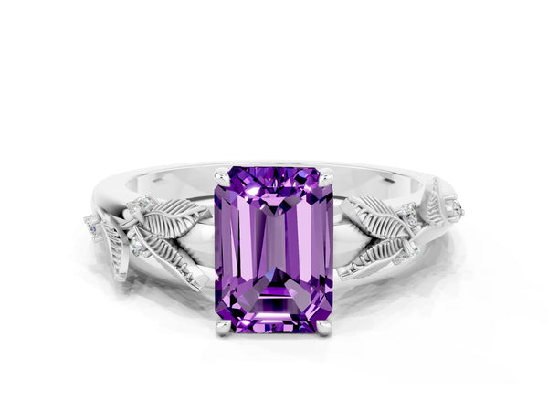 Platinum Emerald Cut Amethyst Solitaire Ring with Leaf Motif Band and Four-Prong Setting