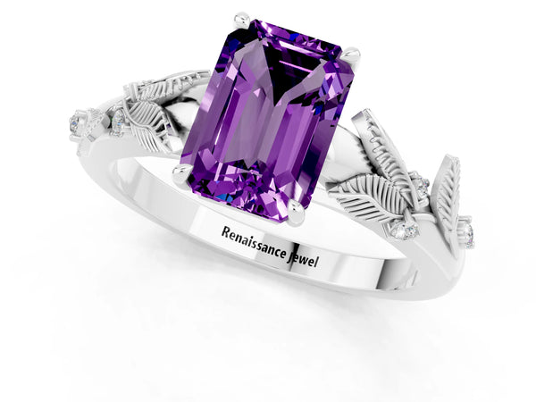 Platinum Emerald Cut Amethyst Solitaire Ring with Leaf Motif Band and Four-Prong Setting