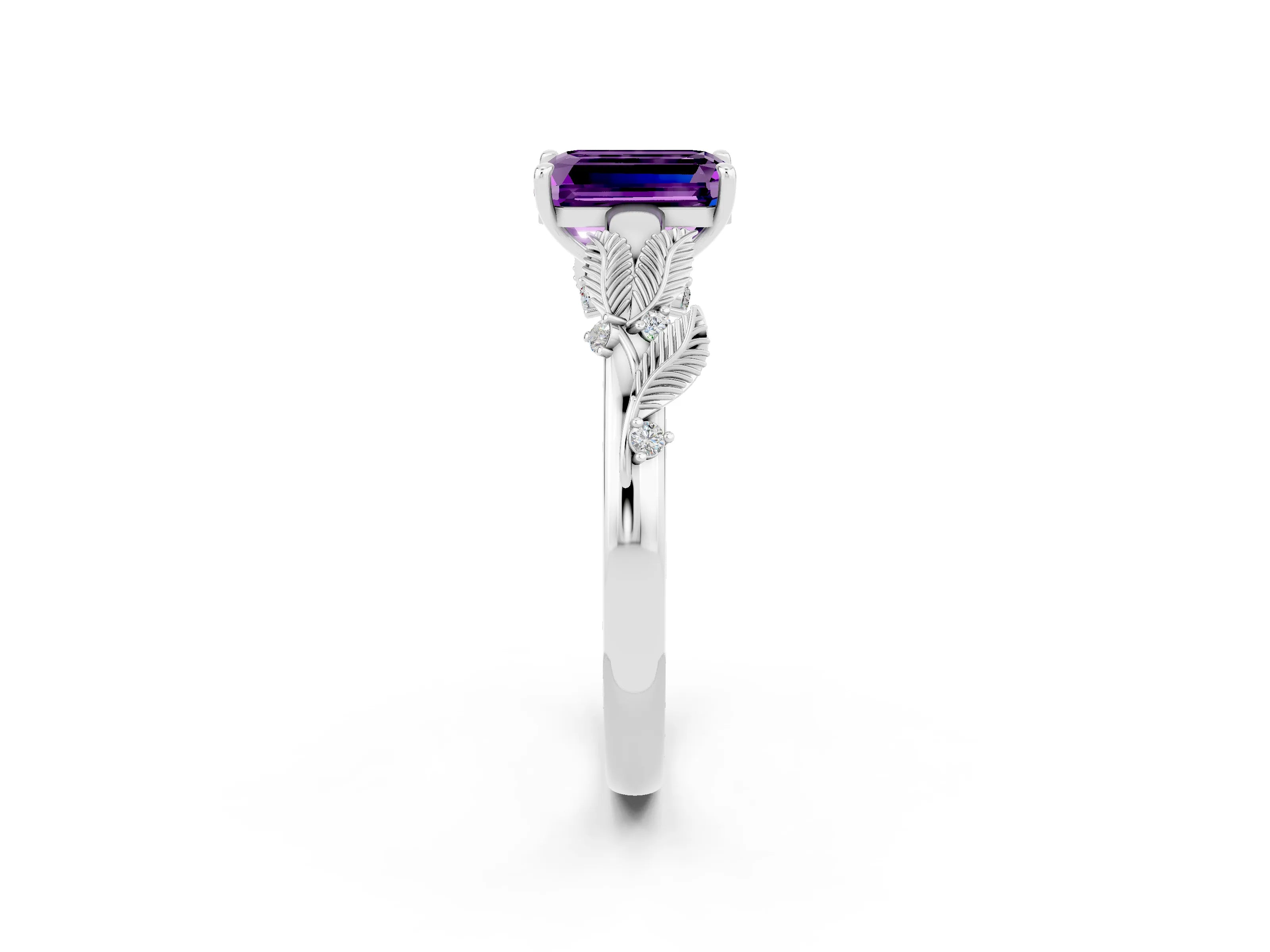 White gold Emerald Cut Amethyst Solitaire Ring with Leaf Motif Band and Four-Prong Setting_14