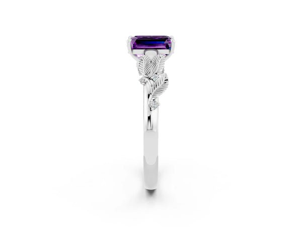 White gold Emerald Cut Amethyst Solitaire Ring with Leaf Motif Band and Four-Prong Setting