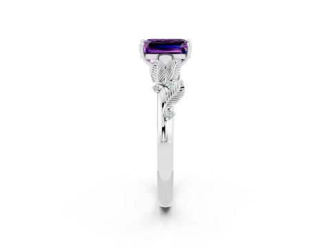 White gold Emerald Cut Amethyst Solitaire Ring with Leaf Motif Band and Four-Prong Setting_14